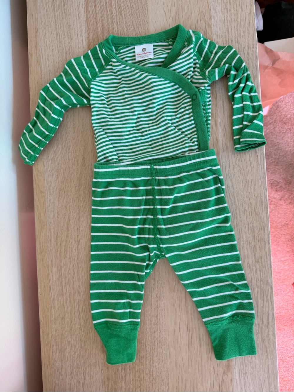 Hanna Andersson Green and White Striped Baby Long Sleeve Onesie + Pants Set 3-6M